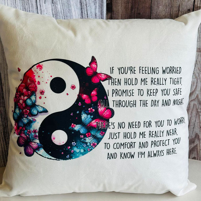 Yin Yang Worry Cushion - 40cm x 40cm Soft Charpie Velvet with Comforting Poem and Insert - Perfect for Relaxation and Décor