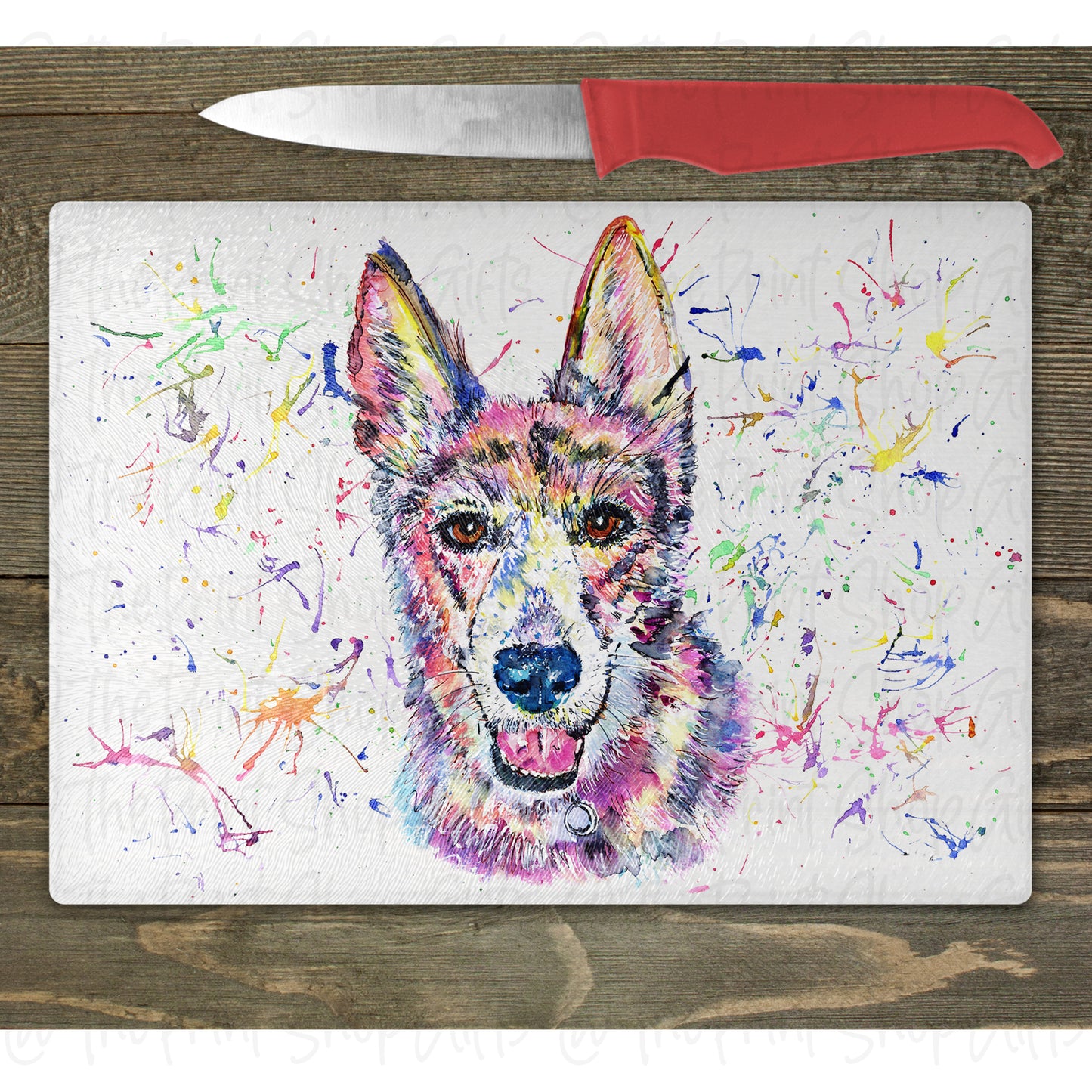 German Shepherd Watercolour Splash Glass Chopping Board – 10 Backgrounds To Choose From