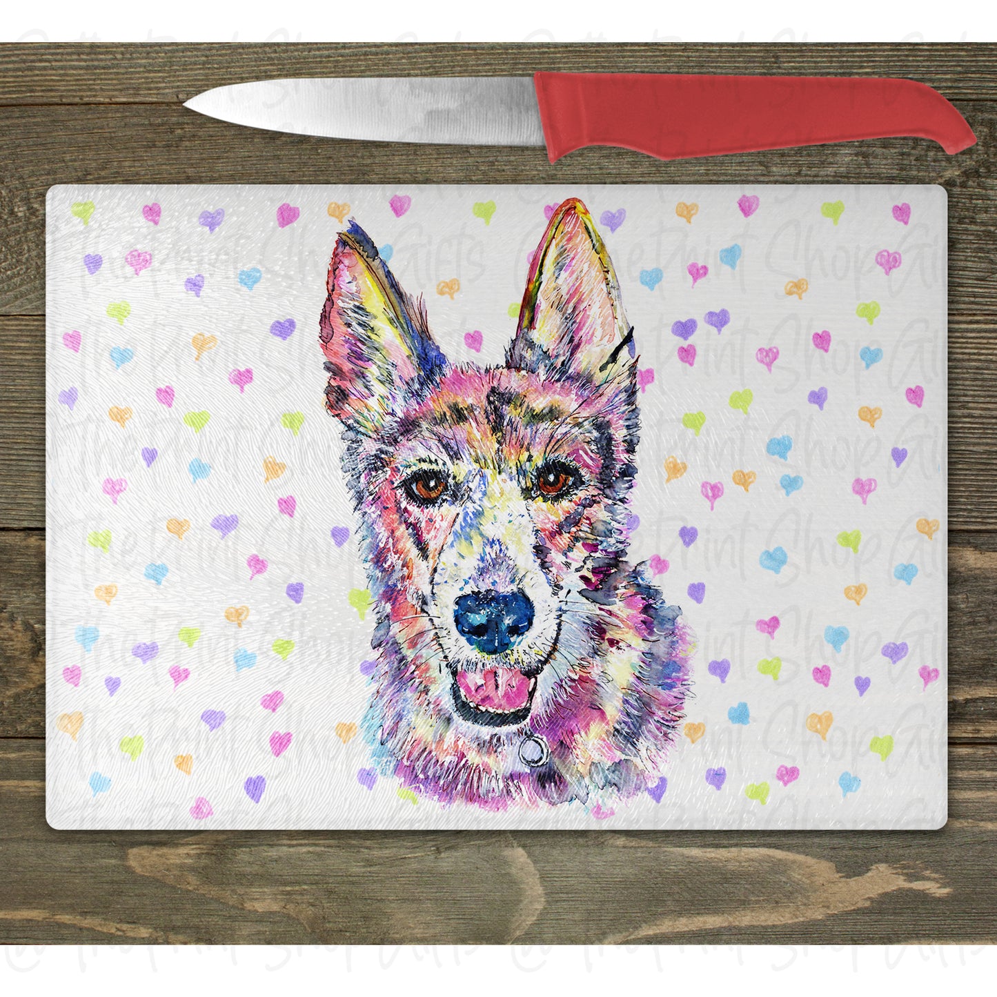 German Shepherd Watercolour Splash Glass Chopping Board – 10 Backgrounds To Choose From