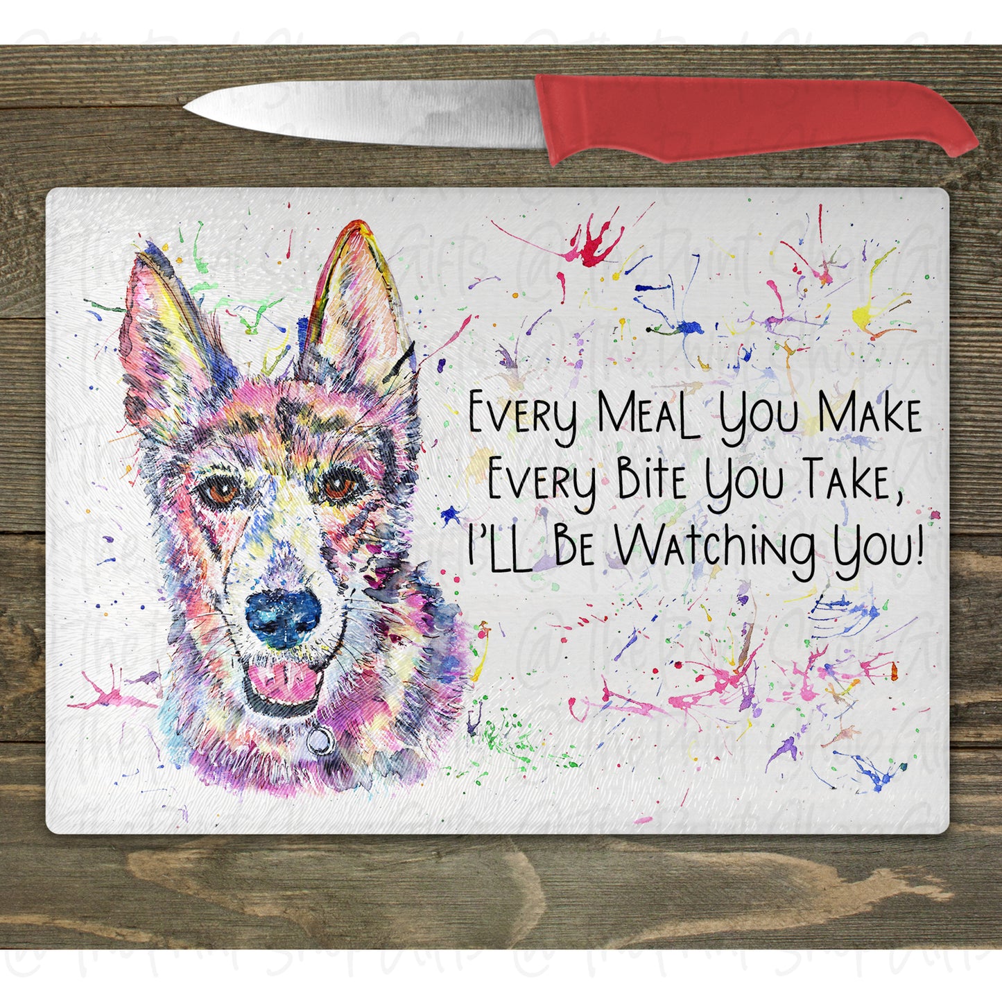 German Shepherd Watercolour Splash Glass Chopping Board – 10 Backgrounds To Choose From