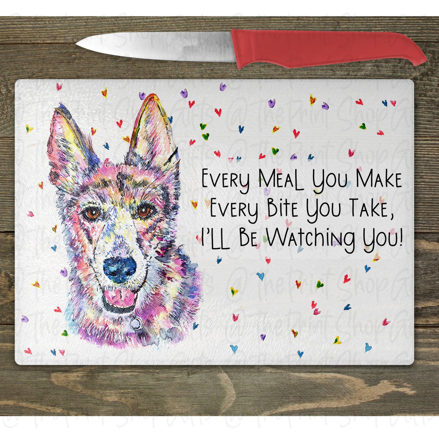 German Shepherd Watercolour Splash Glass Chopping Board – 10 Backgrounds To Choose From