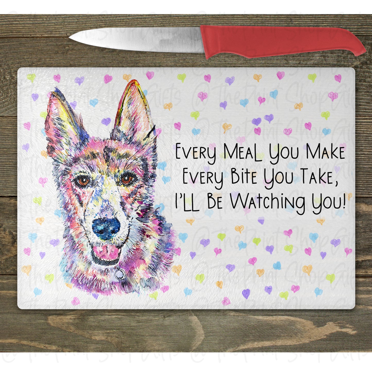 German Shepherd Watercolour Splash Glass Chopping Board – 10 Backgrounds To Choose From