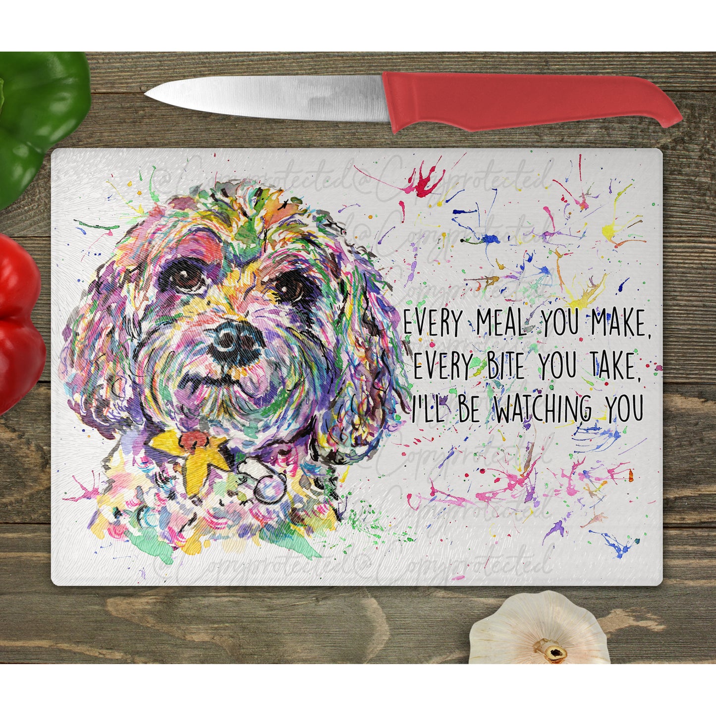 Cavapoo Watercolour Splash Chopping Board - 10 Backgrounds To Choose From