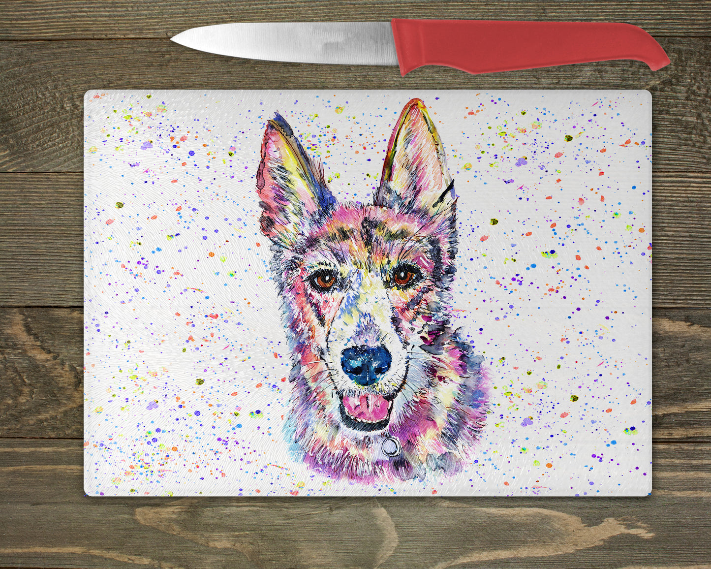 German Shepherd Watercolour Splash Glass Chopping Board – 10 Backgrounds To Choose From