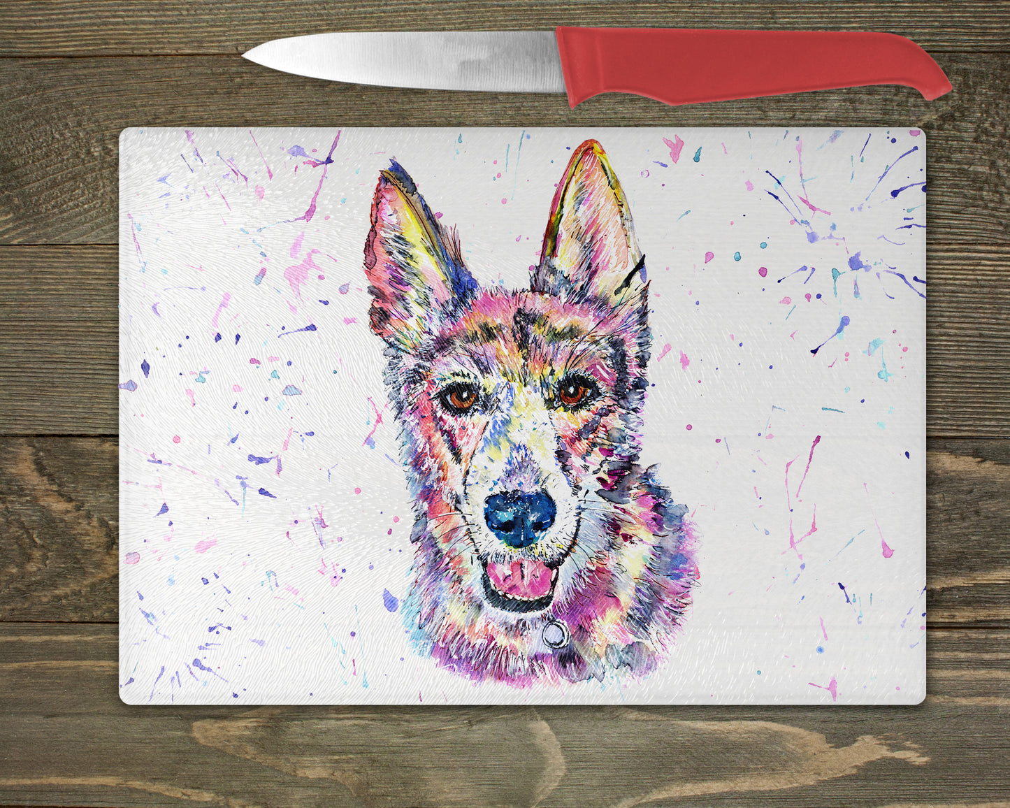 German Shepherd Watercolour Splash Glass Chopping Board – 10 Backgrounds To Choose From