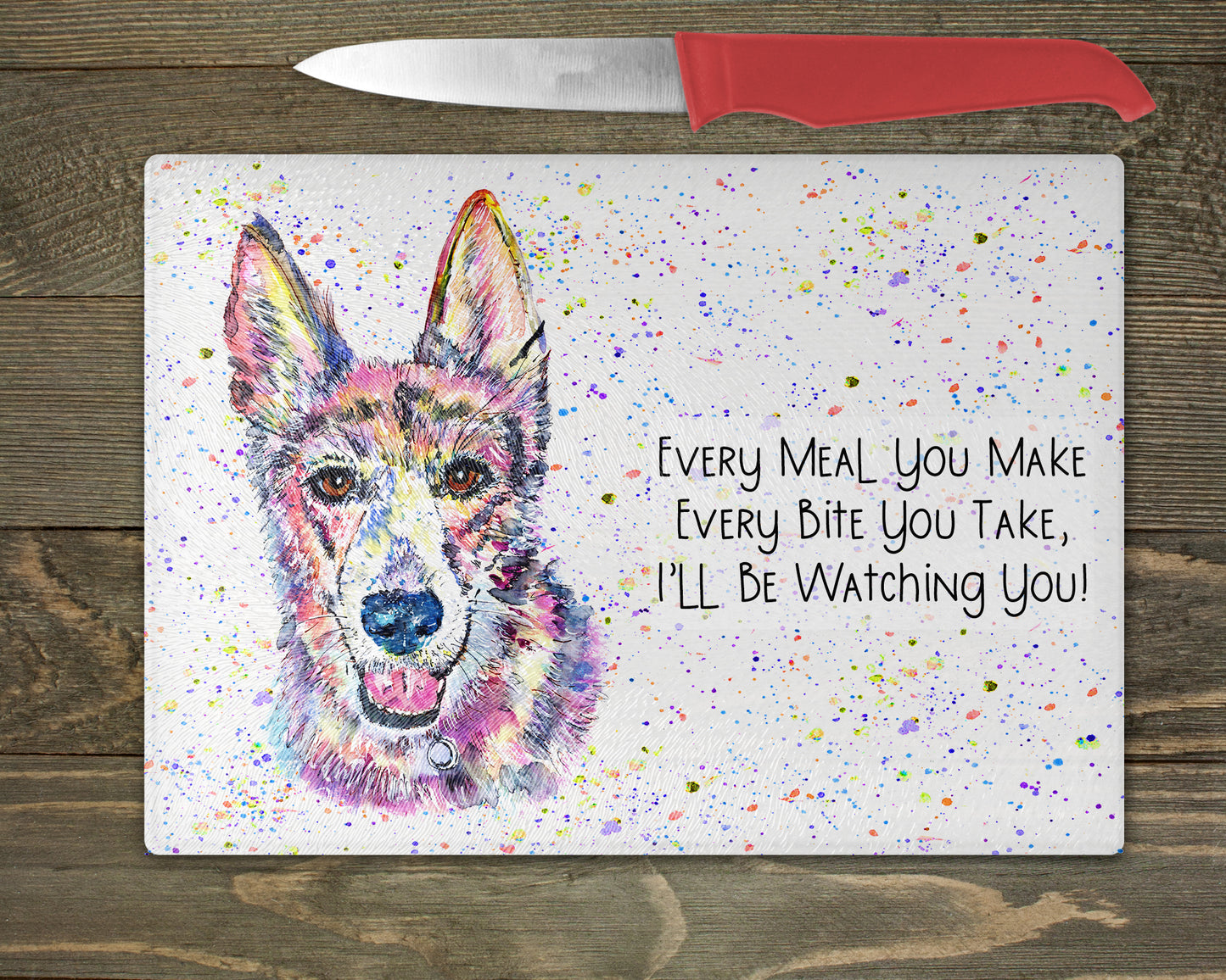 German Shepherd Watercolour Splash Glass Chopping Board – 10 Backgrounds To Choose From