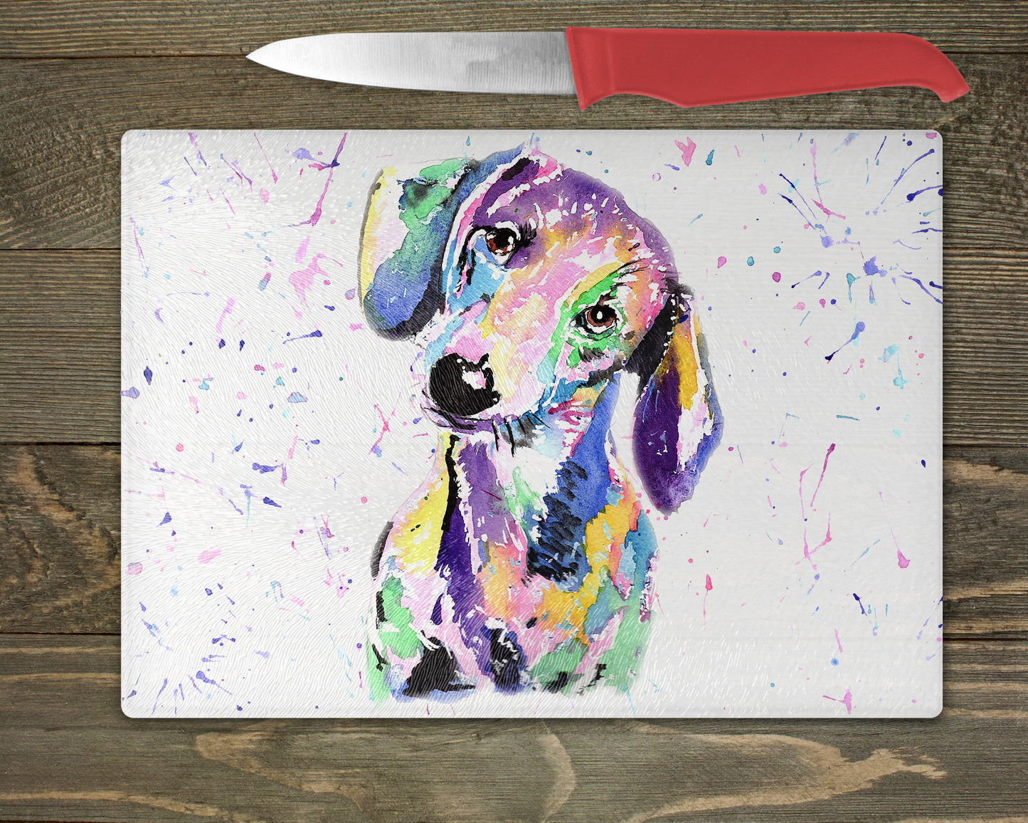 Dachshund Watercolour Splash Chopping Board - 10 Backgrounds To Choose From