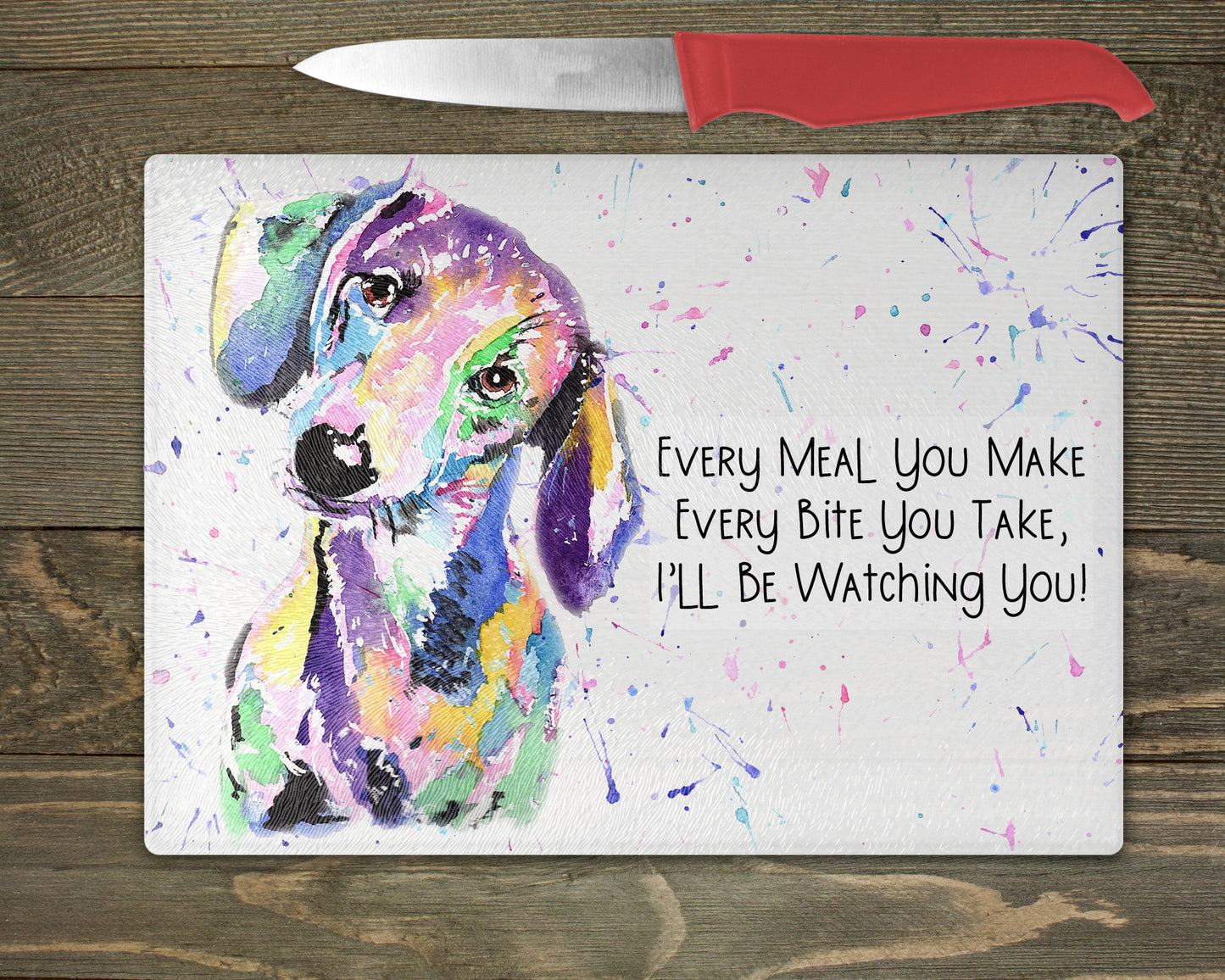 Dachshund Watercolour Splash Chopping Board - 10 Backgrounds To Choose From