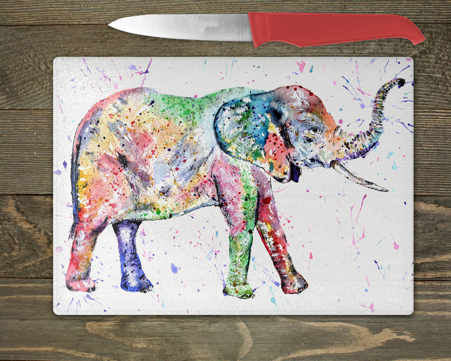 Elephant Adult Trunk Up Watercolour Splash Chopping Board - 5 Backgrounds To Choose From