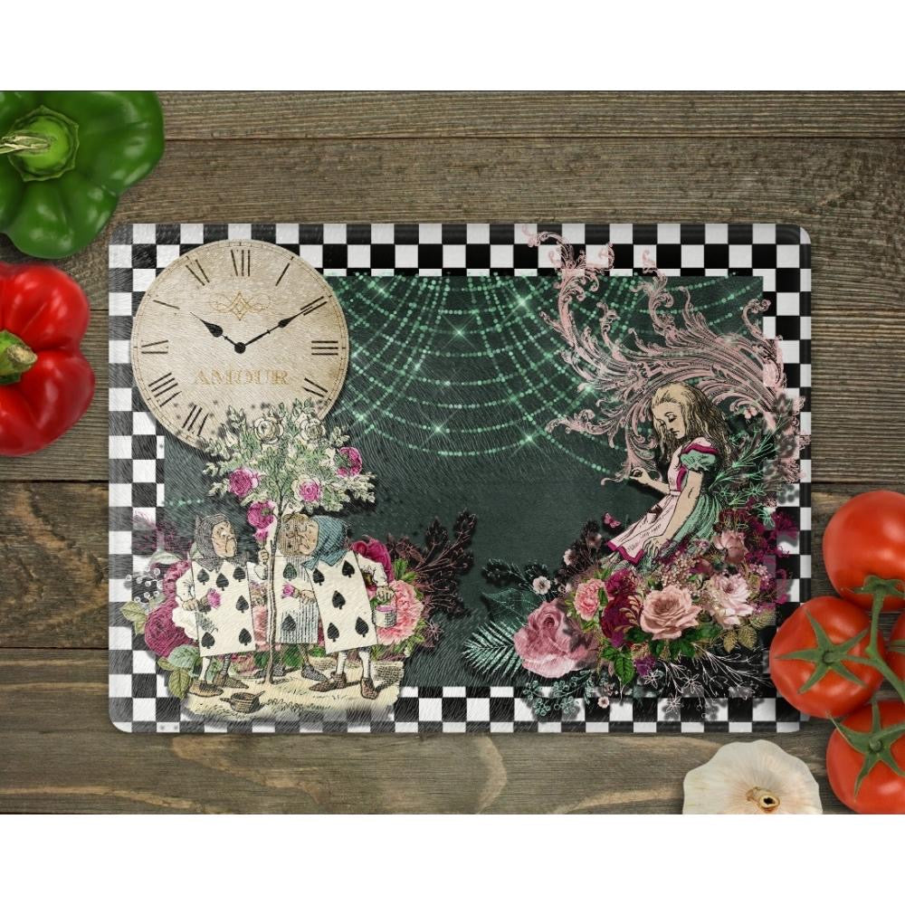 Alice In Wonderland Black Chequered Glass Chopping Board