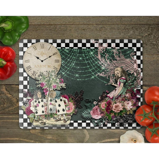 Alice In Wonderland Black Chequered Glass Chopping Board