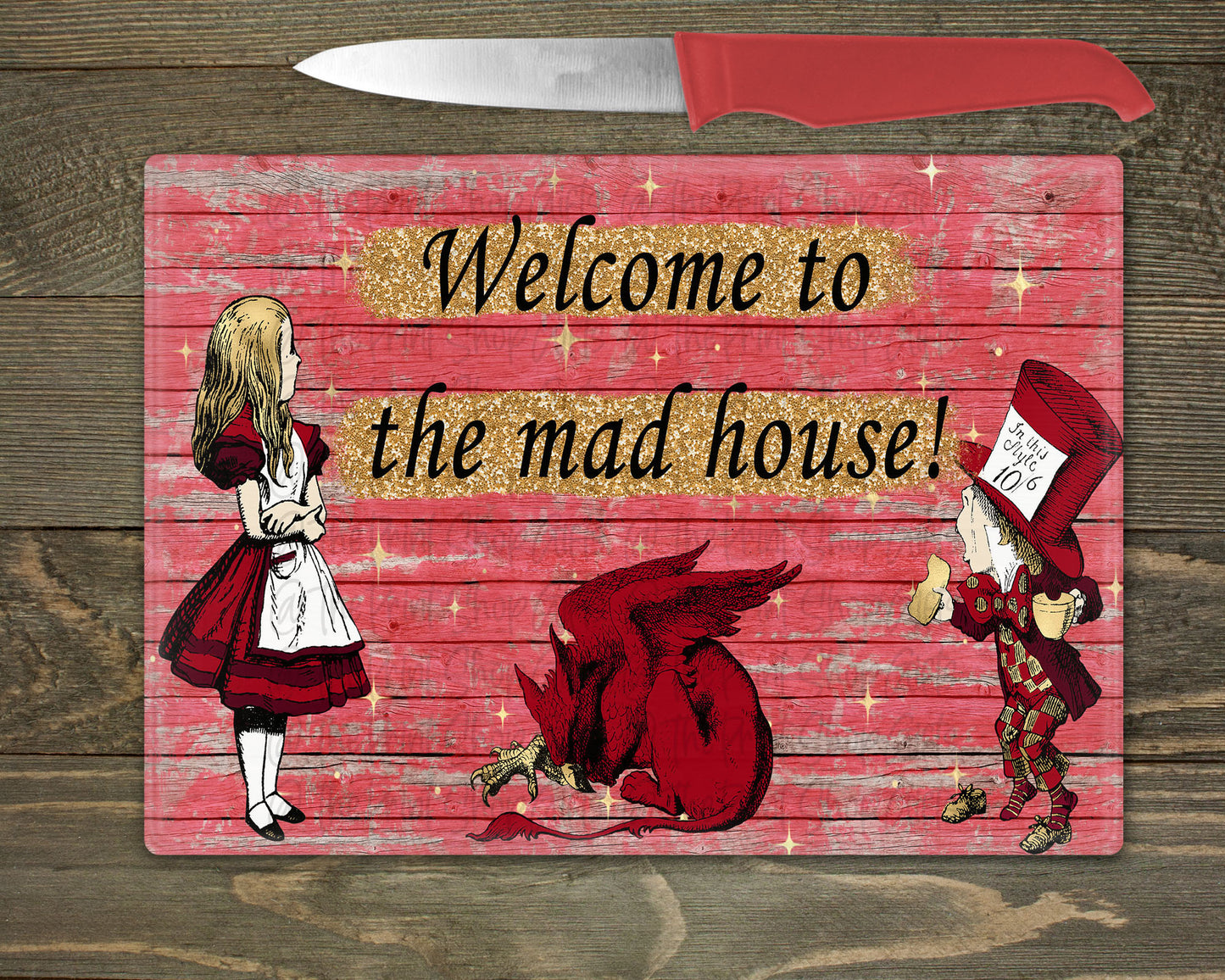 Alice In Wonderland Welcome To The Mad House Glass Chopping Board