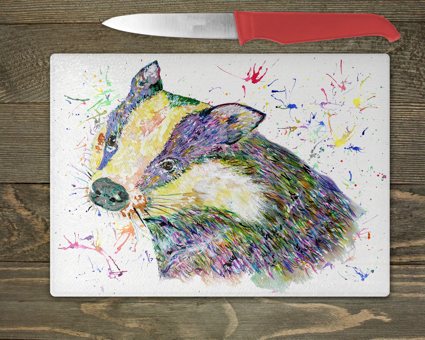 Badger Watercolour Splash Chopping Board - 5 Backgrounds To Choose From.