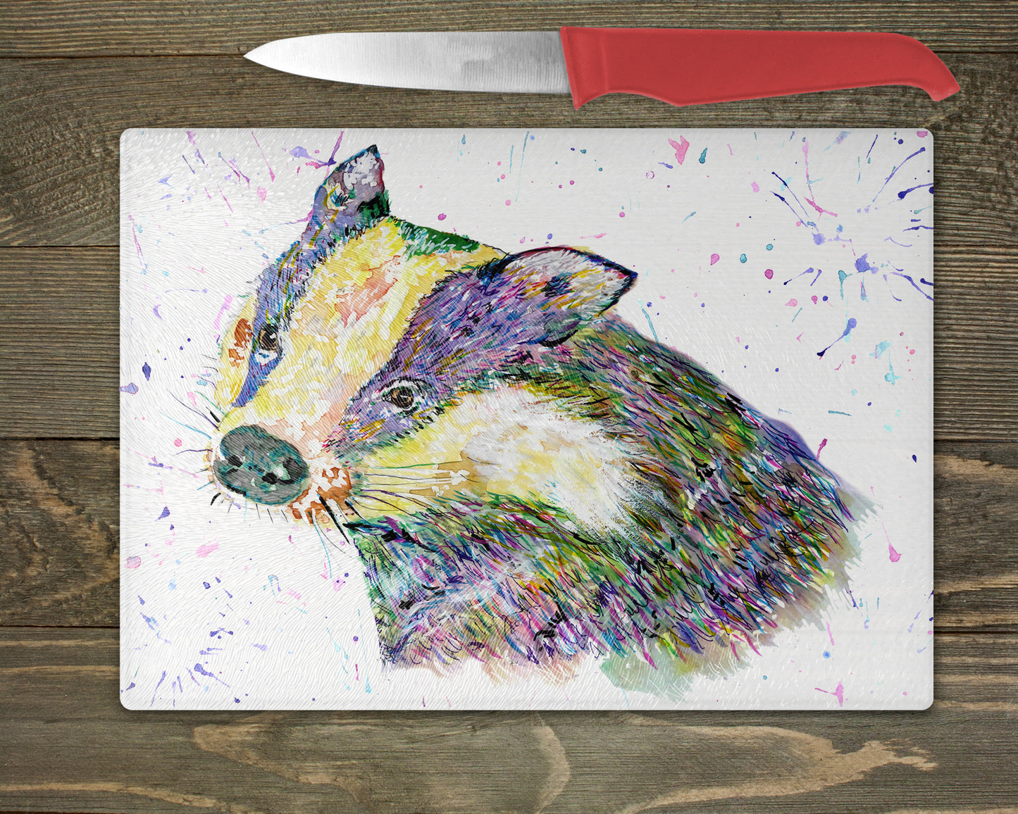 Badger Watercolour Splash Chopping Board - 5 Backgrounds To Choose From.