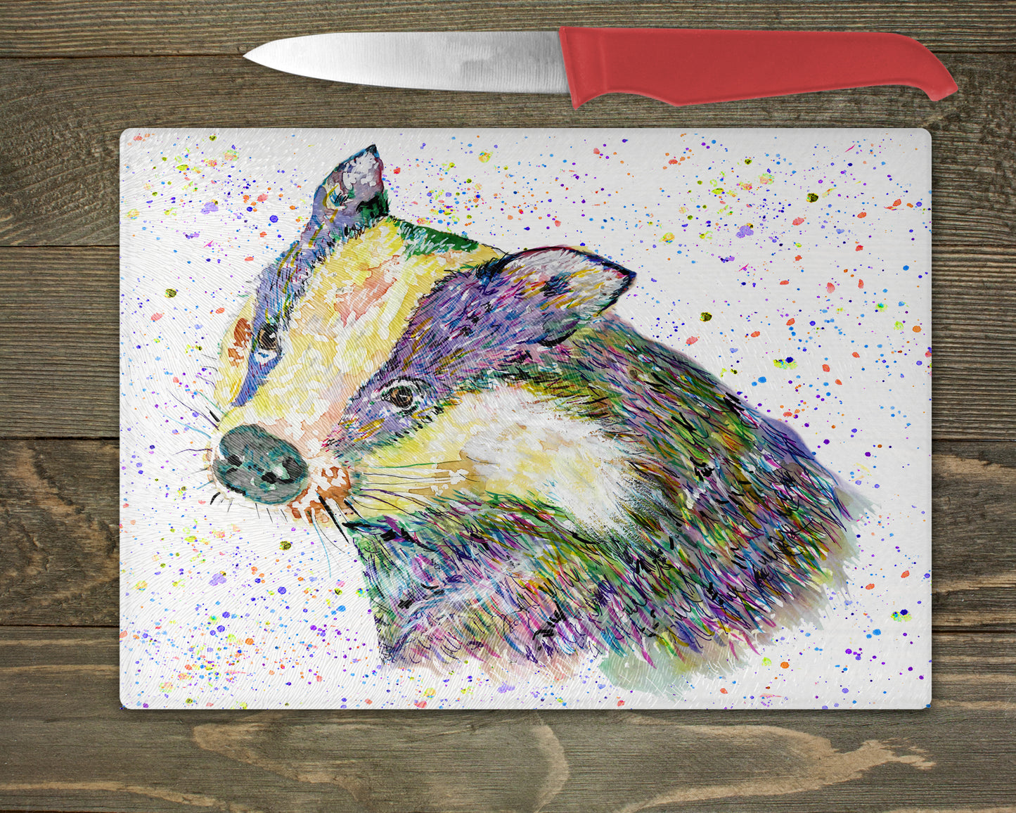 Badger Watercolour Splash Chopping Board - 5 Backgrounds To Choose From.