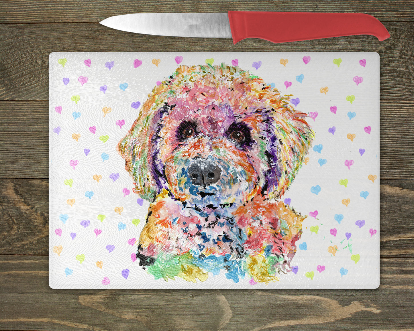 Bichon Frise Watercolour Splash Glass Chopping Board – 5 Backgrounds To Choose From