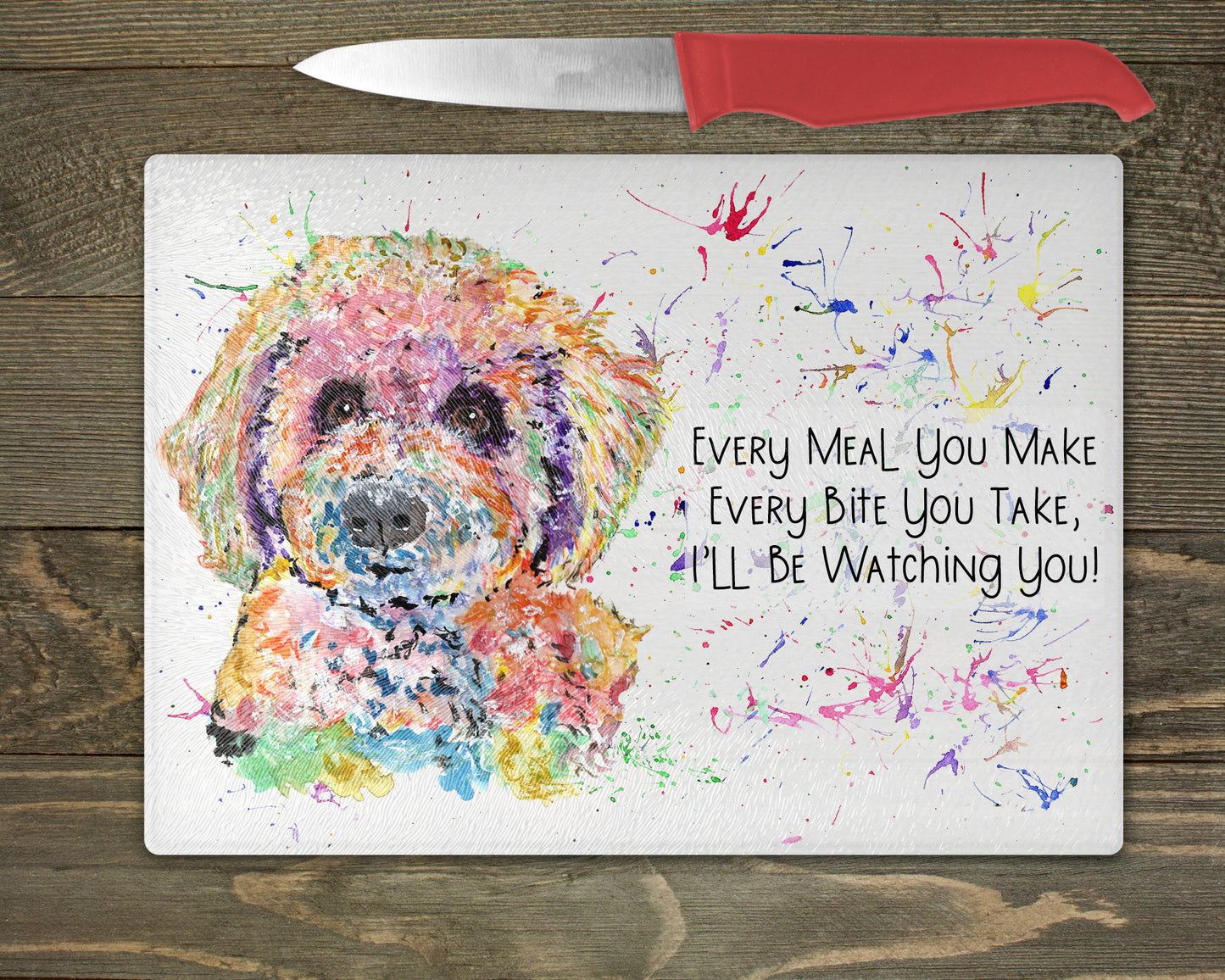 Bichon Frise Watercolour Splash Glass Chopping Board – 5 Backgrounds To Choose From