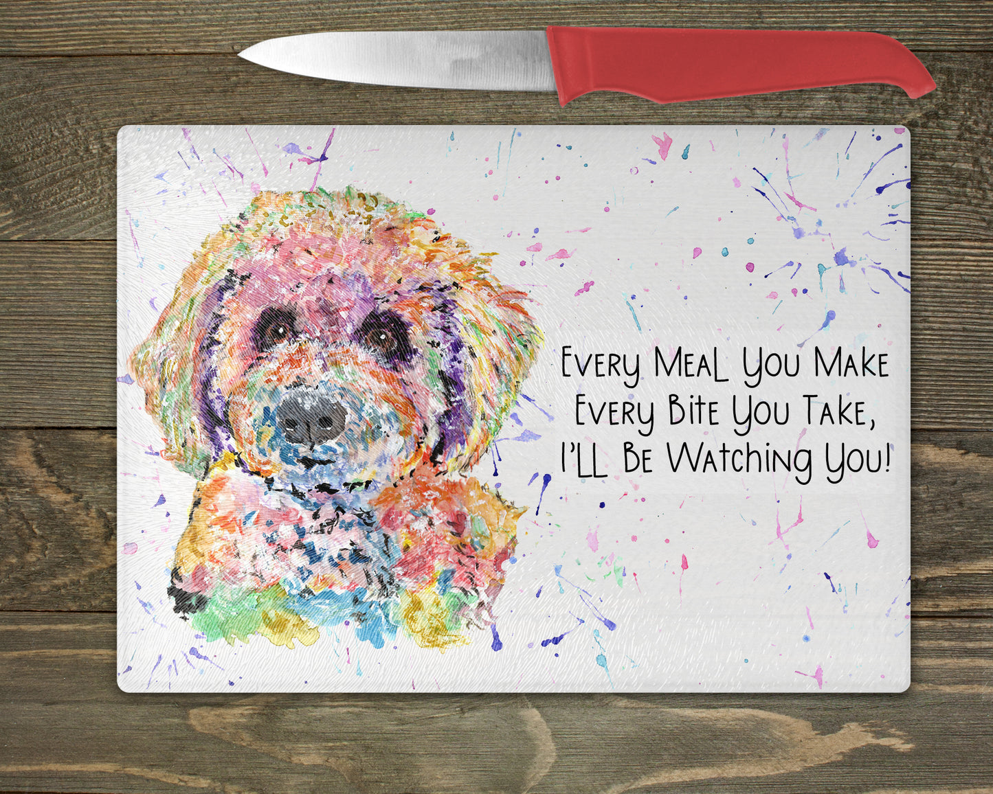 Bichon Frise Watercolour Splash Glass Chopping Board – 5 Backgrounds To Choose From