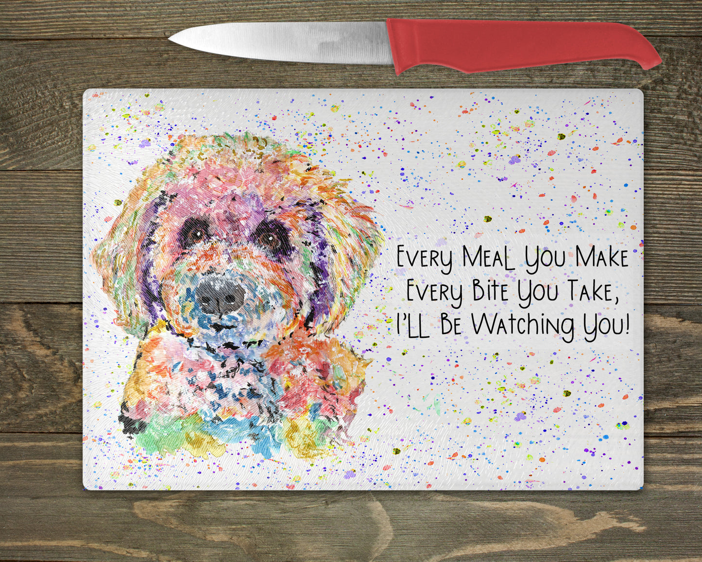 Bichon Frise Watercolour Splash Glass Chopping Board – 5 Backgrounds To Choose From