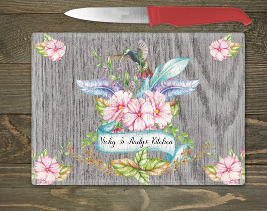 Boho Hummingbird Personalised Glass Chopping Board