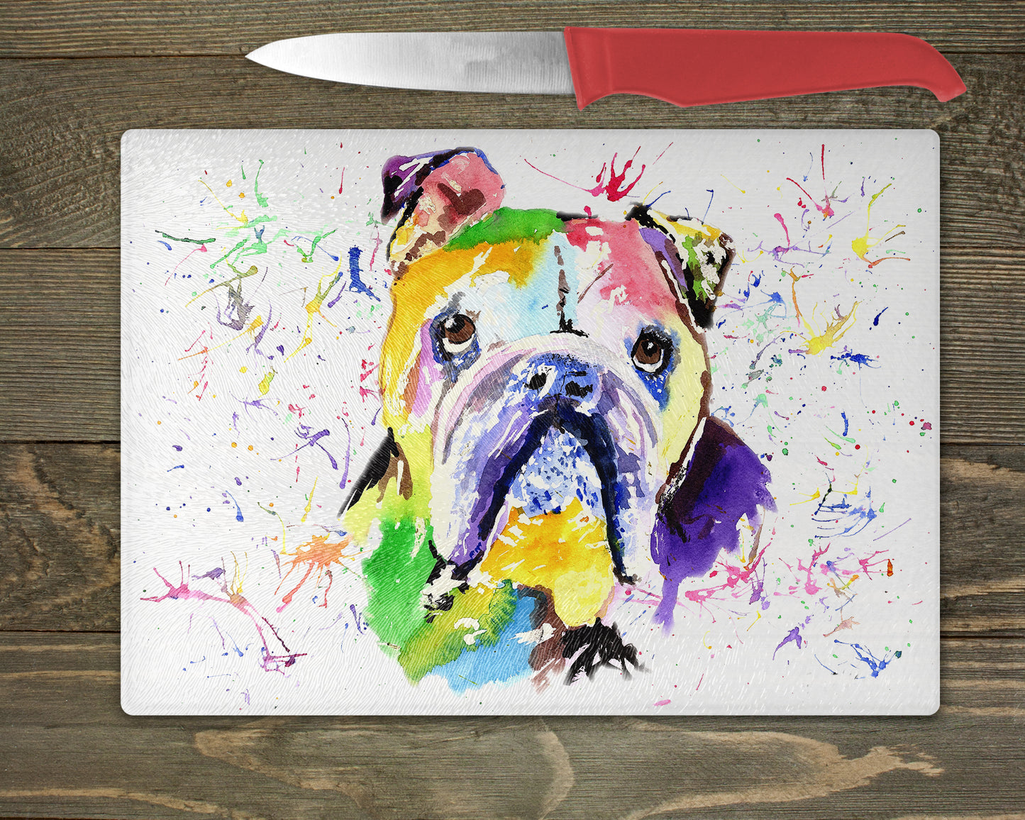 British Bulldog Watercolour Splash Chopping Board - 10 Backgrounds To Choose From