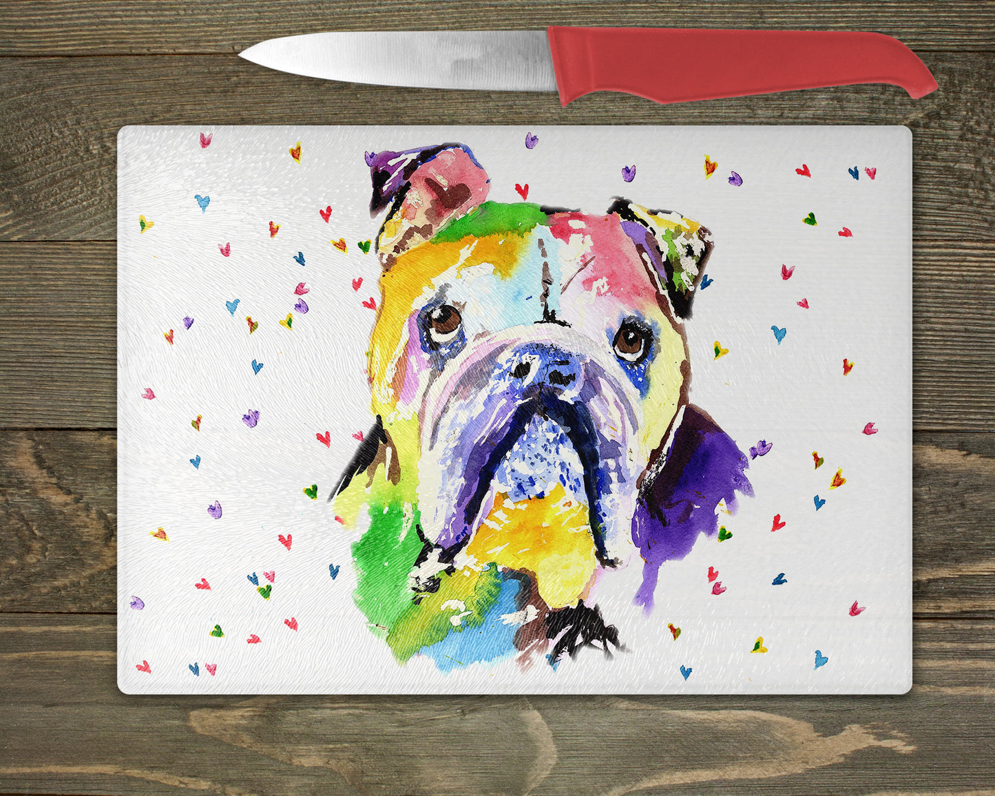 British Bulldog Watercolour Splash Chopping Board - 10 Backgrounds To Choose From