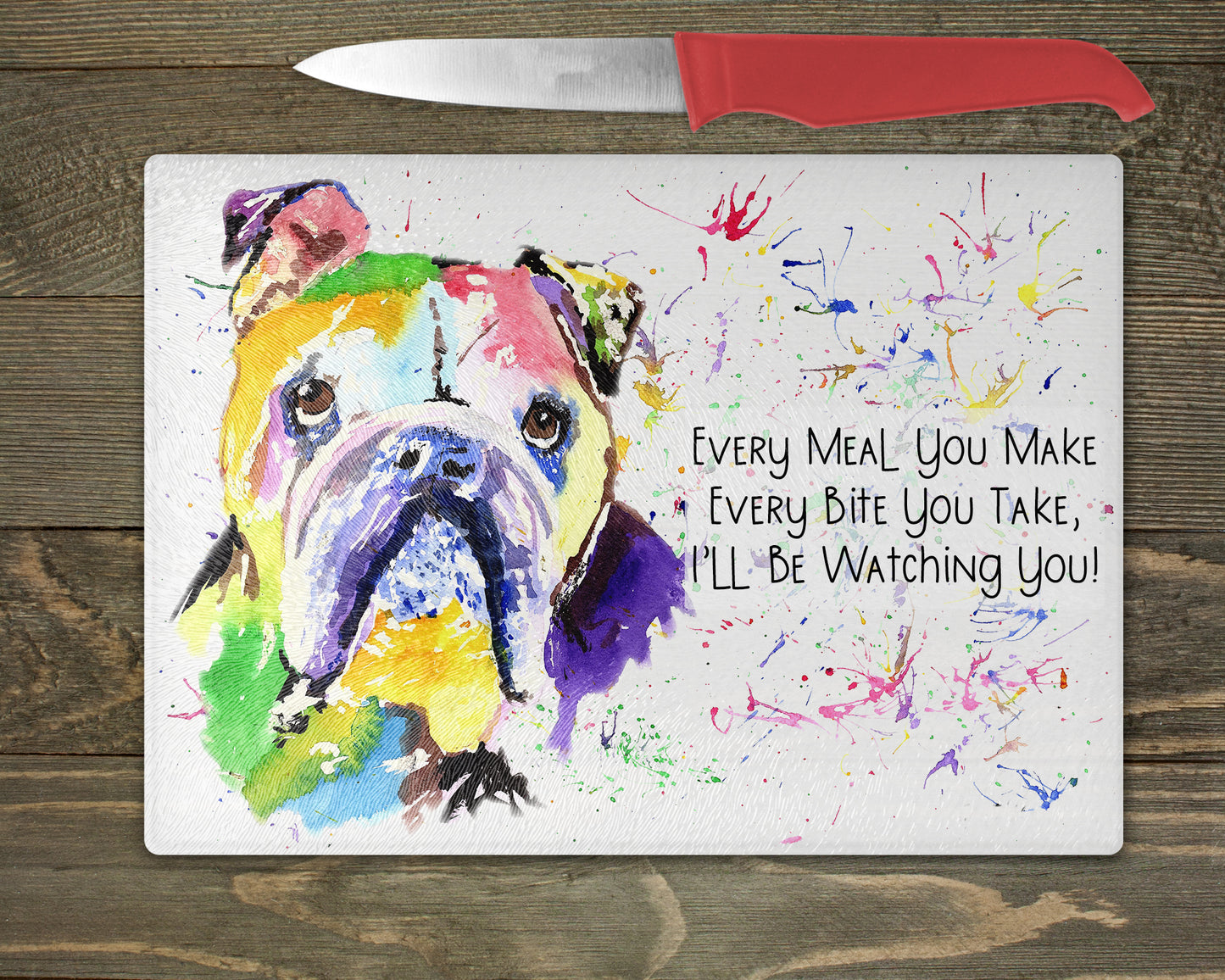 British Bulldog Watercolour Splash Chopping Board - 10 Backgrounds To Choose From