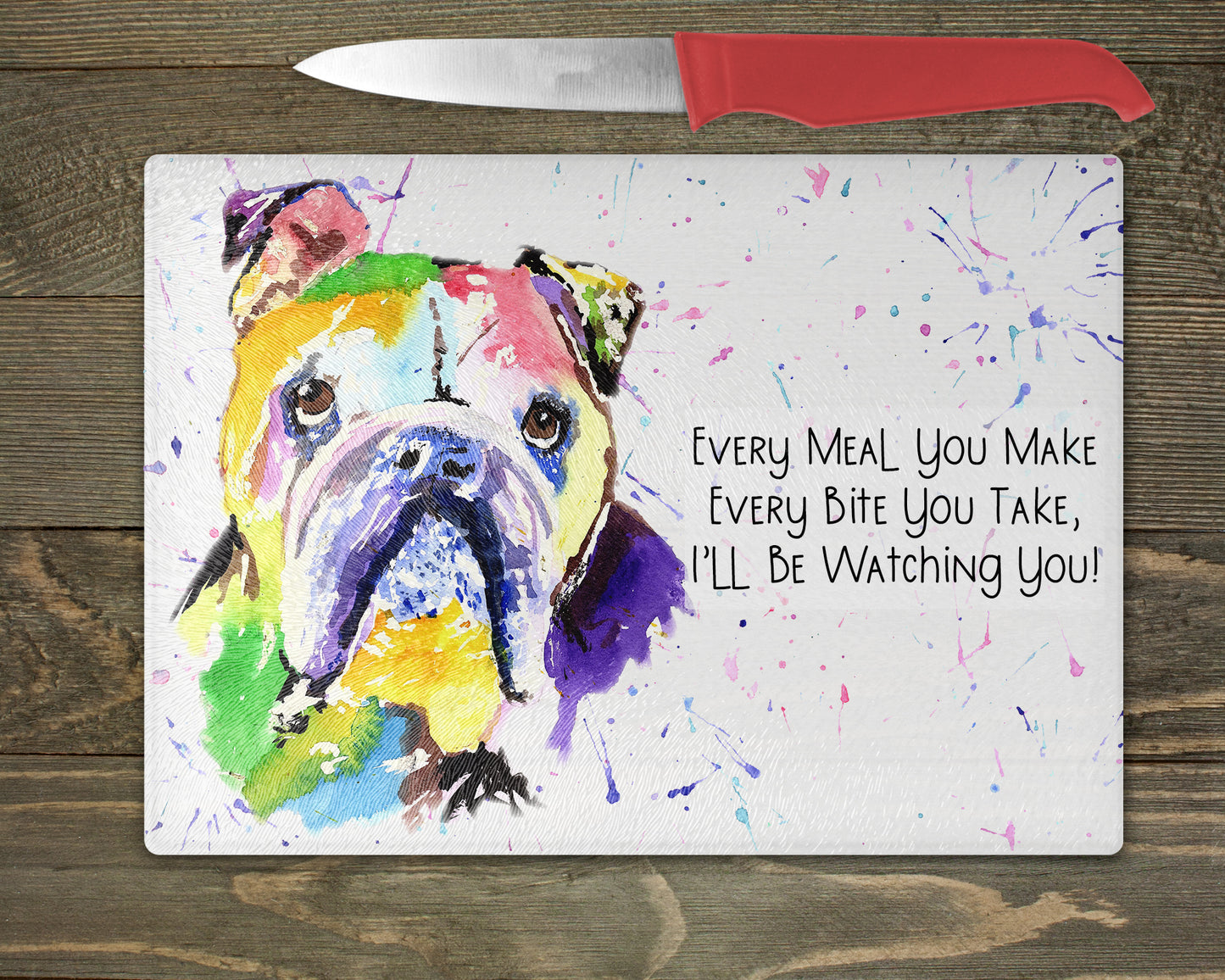 British Bulldog Watercolour Splash Chopping Board - 10 Backgrounds To Choose From