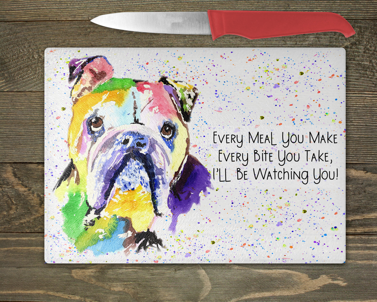 British Bulldog Watercolour Splash Chopping Board - 10 Backgrounds To Choose From