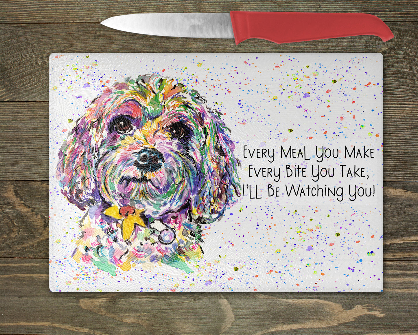 Cavapoo Watercolour Splash Chopping Board - 10 Backgrounds To Choose From