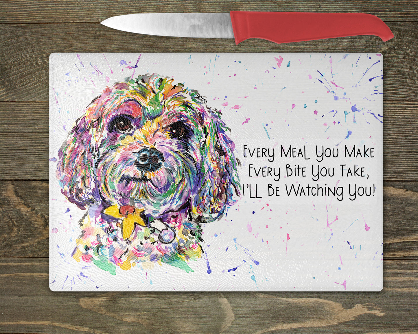 Cavapoo Watercolour Splash Chopping Board - 10 Backgrounds To Choose From