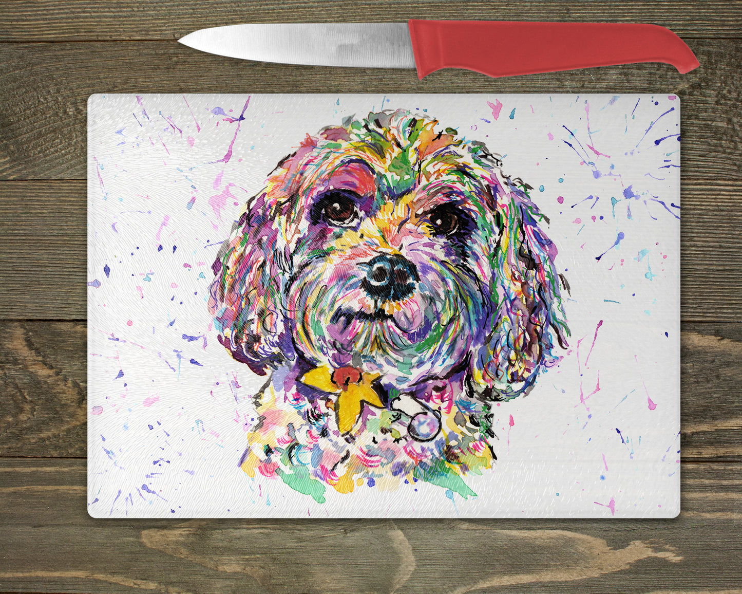 Cavapoo Watercolour Splash Chopping Board - 10 Backgrounds To Choose From