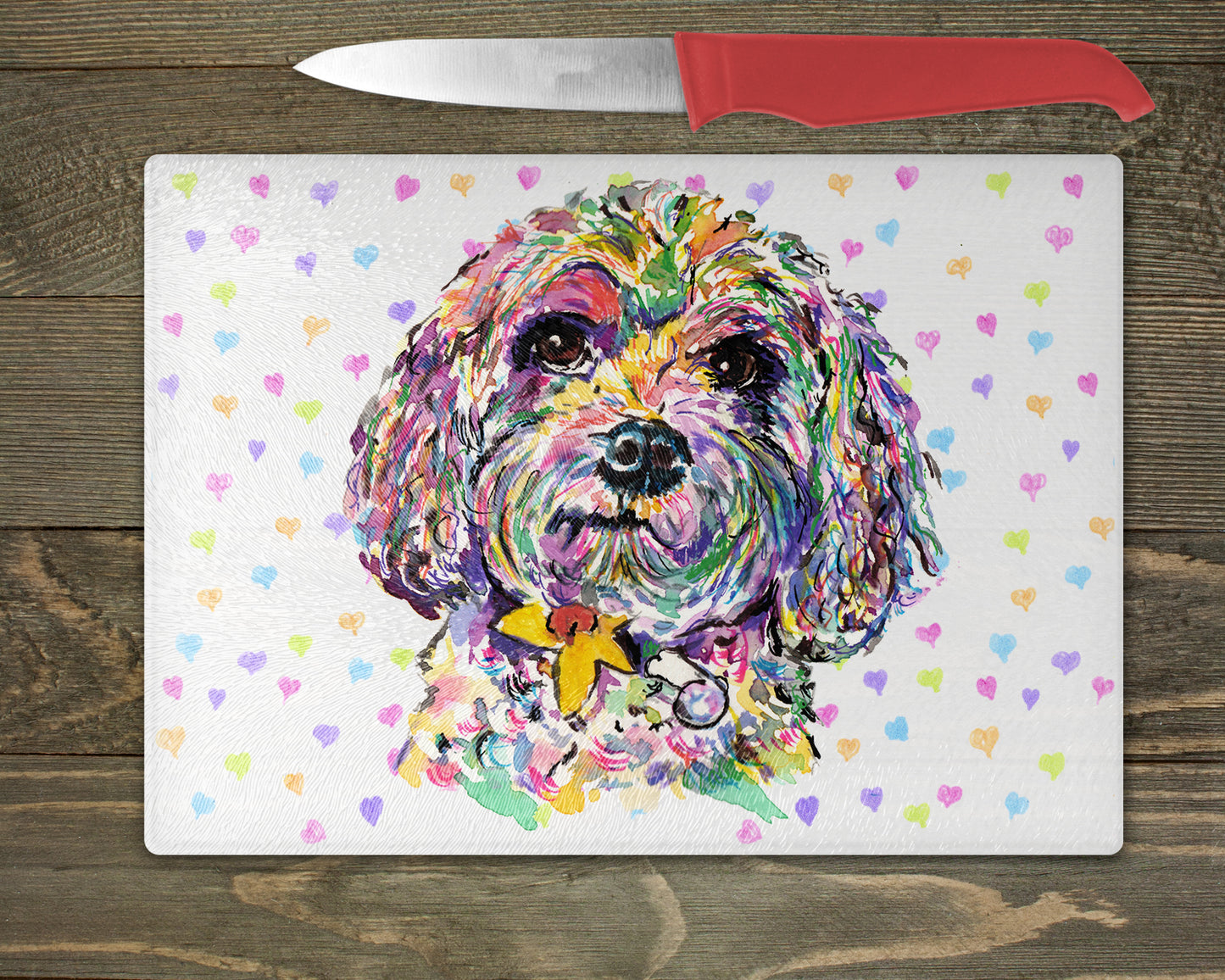 Cavapoo Watercolour Splash Chopping Board - 10 Backgrounds To Choose From