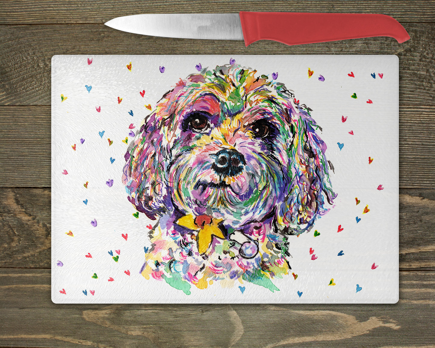 Cavapoo Watercolour Splash Chopping Board - 10 Backgrounds To Choose From