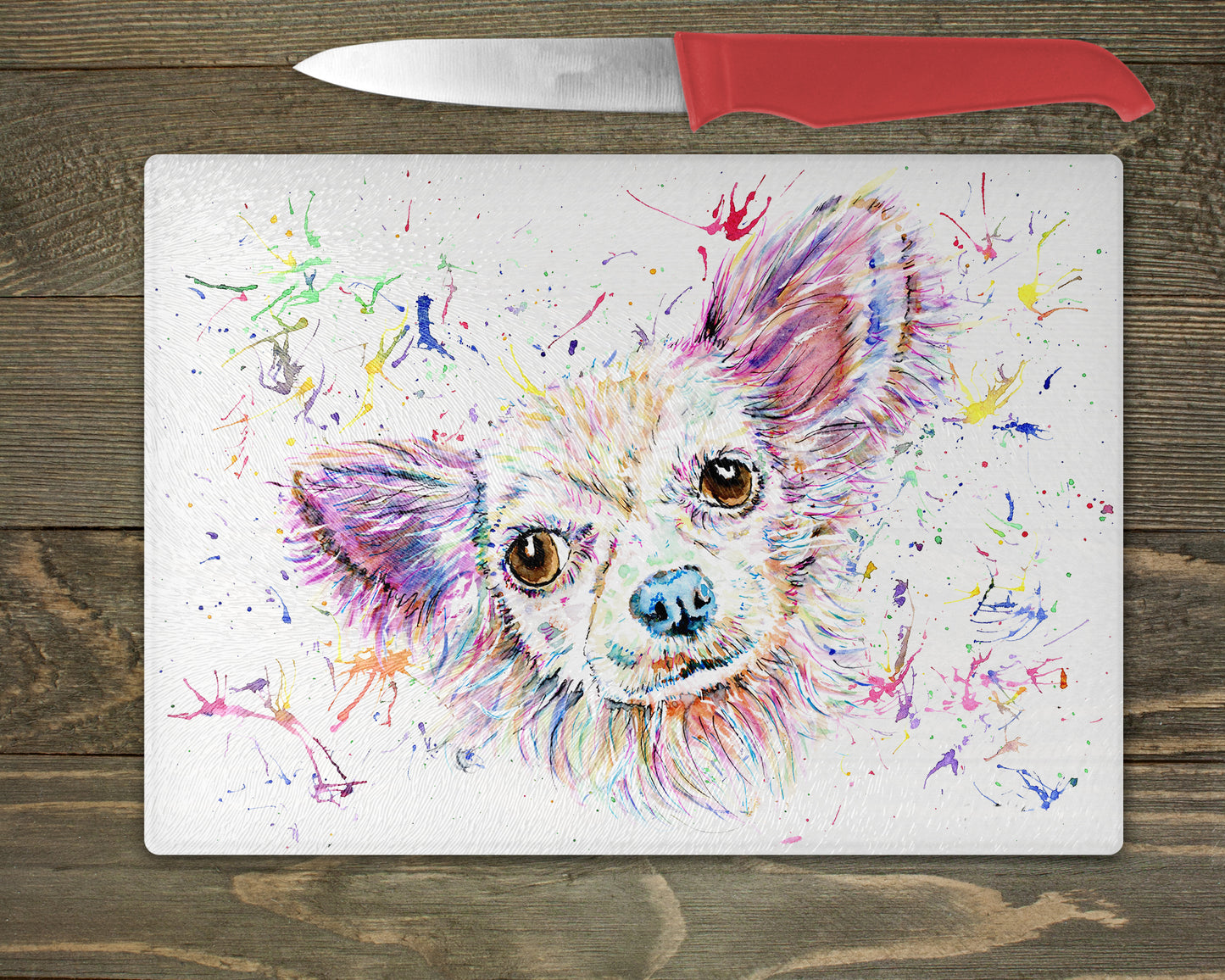 Chihuahua Watercolour Splash Glass Chopping Board - 5 Backgrounds To Choose From.