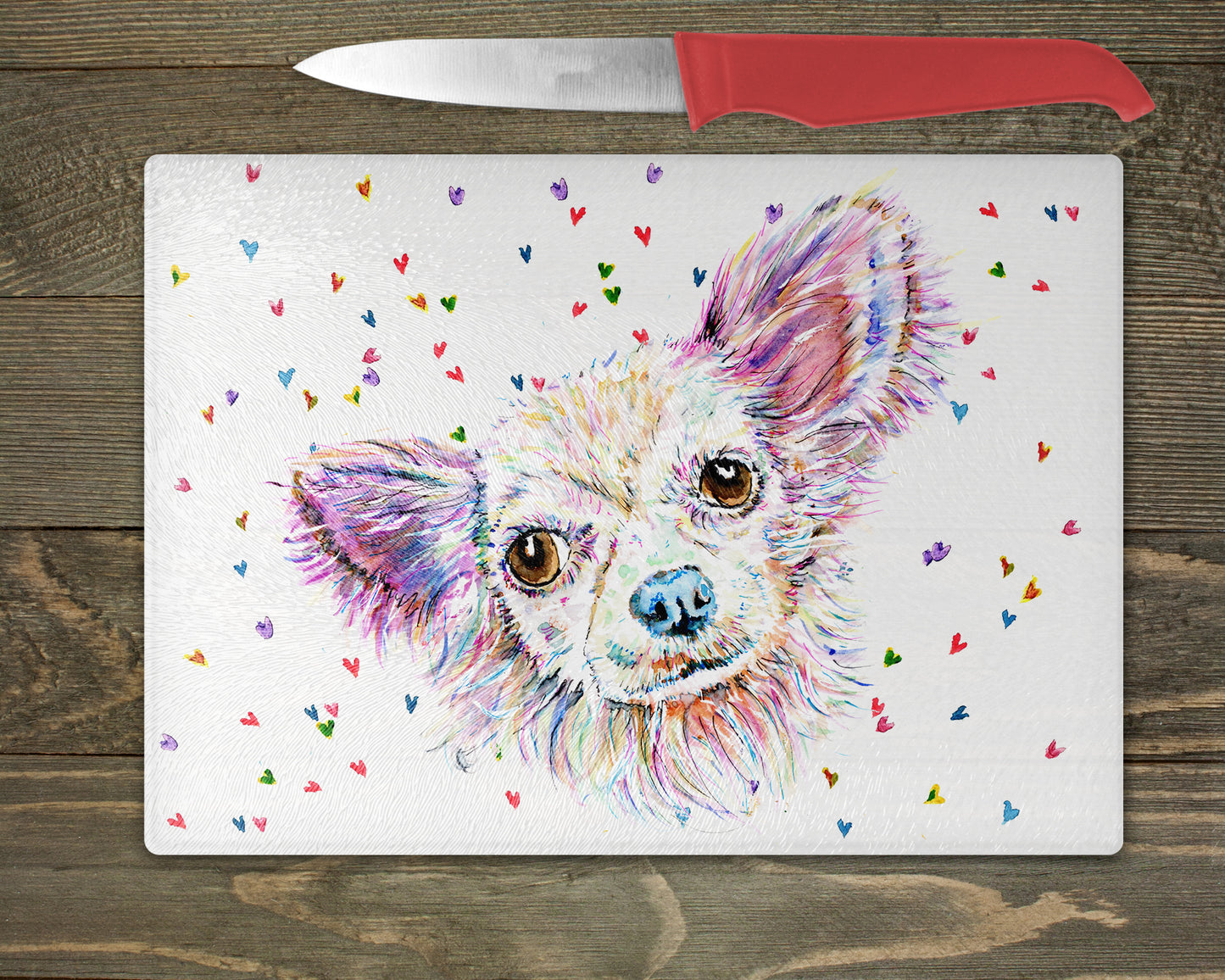 Chihuahua Watercolour Splash Glass Chopping Board - 5 Backgrounds To Choose From.