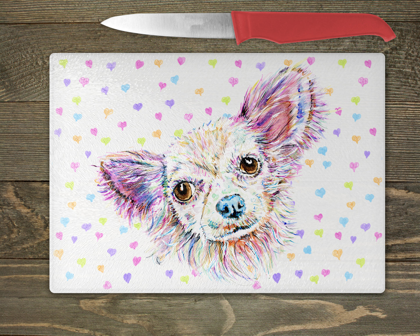 Chihuahua Watercolour Splash Glass Chopping Board - 5 Backgrounds To Choose From.