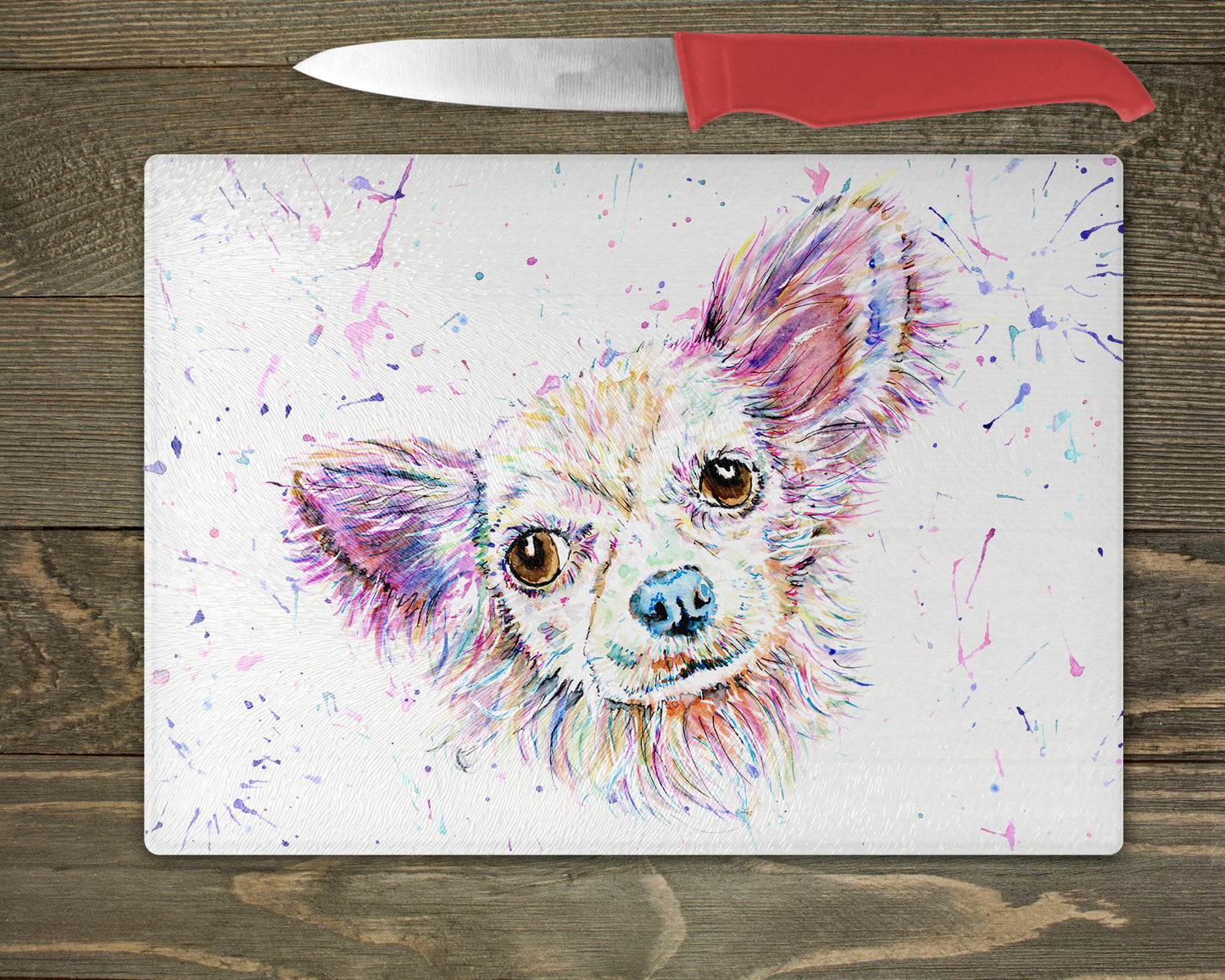 Chihuahua Watercolour Splash Glass Chopping Board - 5 Backgrounds To Choose From.