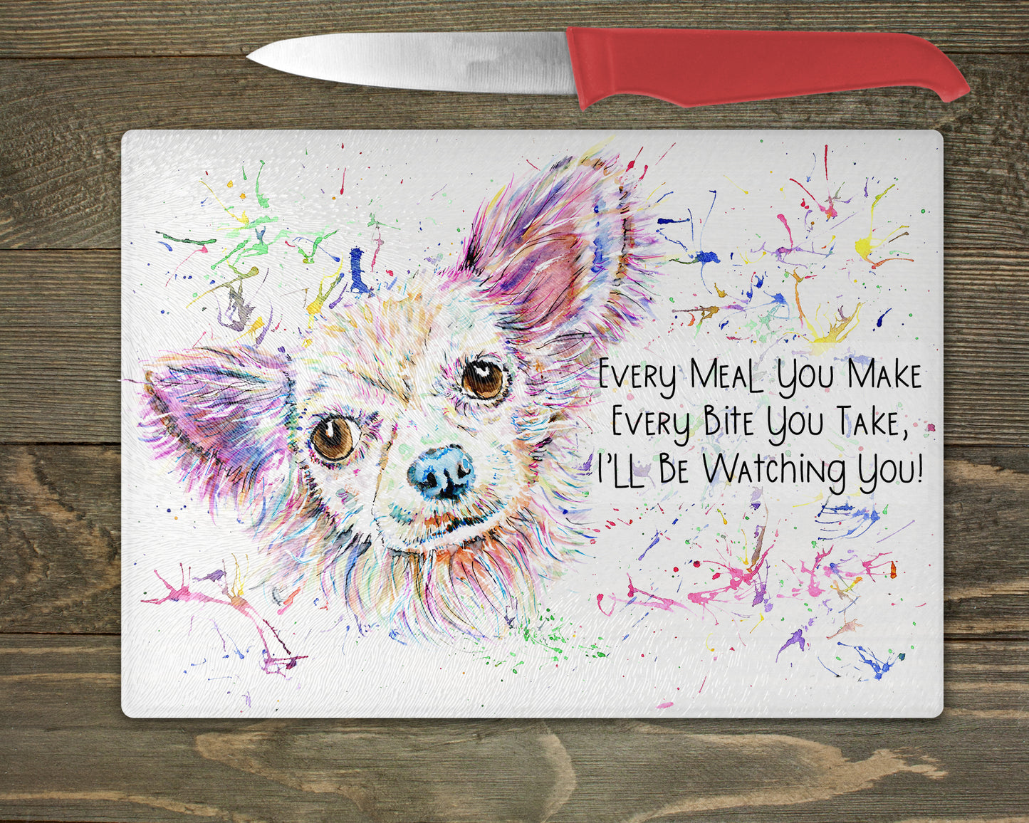 Chihuahua Watercolour Splash Glass Chopping Board - 5 Backgrounds To Choose From.