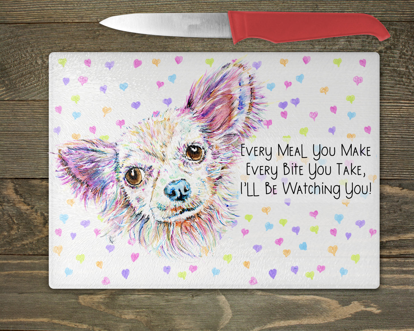 Chihuahua Watercolour Splash Glass Chopping Board - 5 Backgrounds To Choose From.