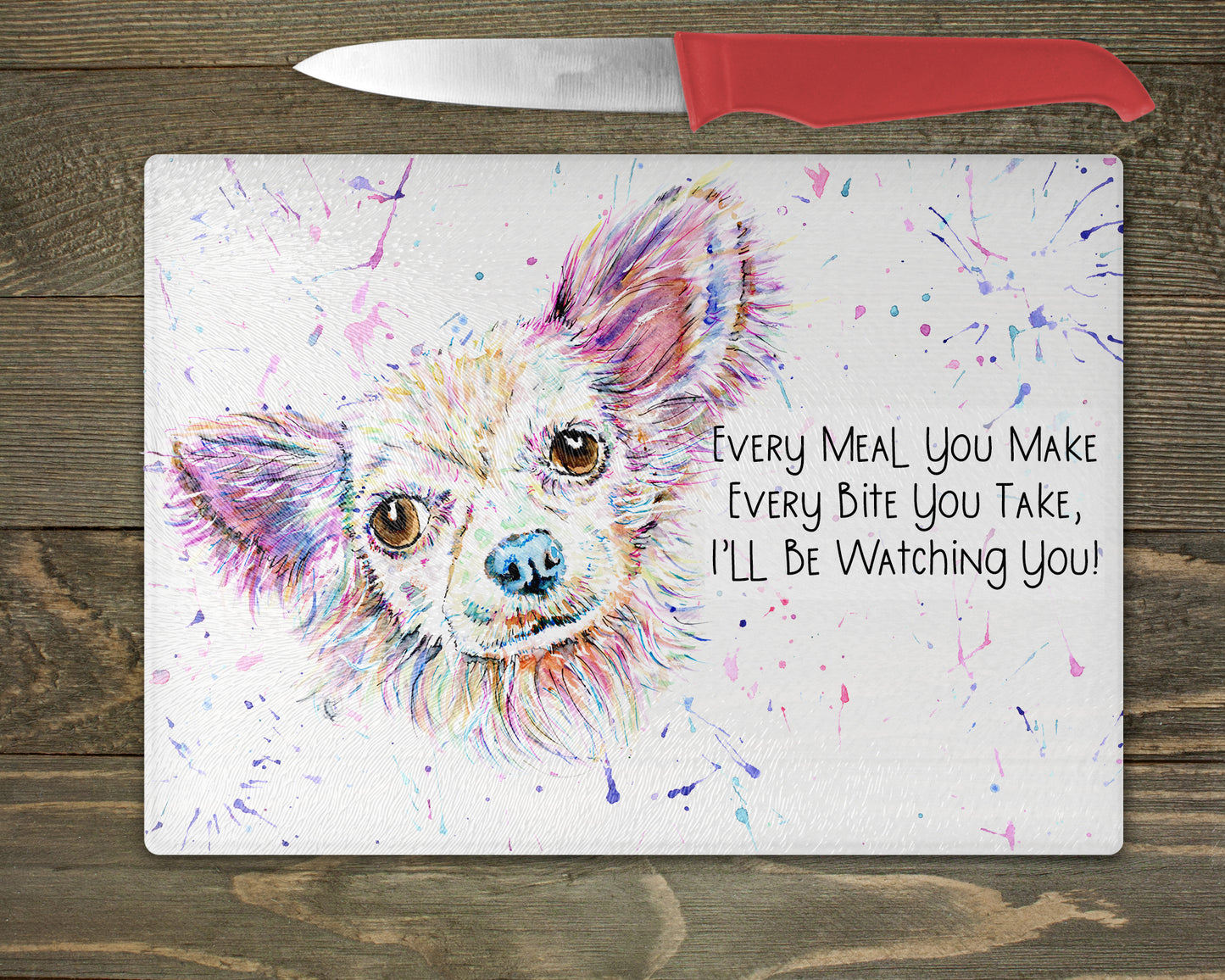 Chihuahua Watercolour Splash Glass Chopping Board - 5 Backgrounds To Choose From.