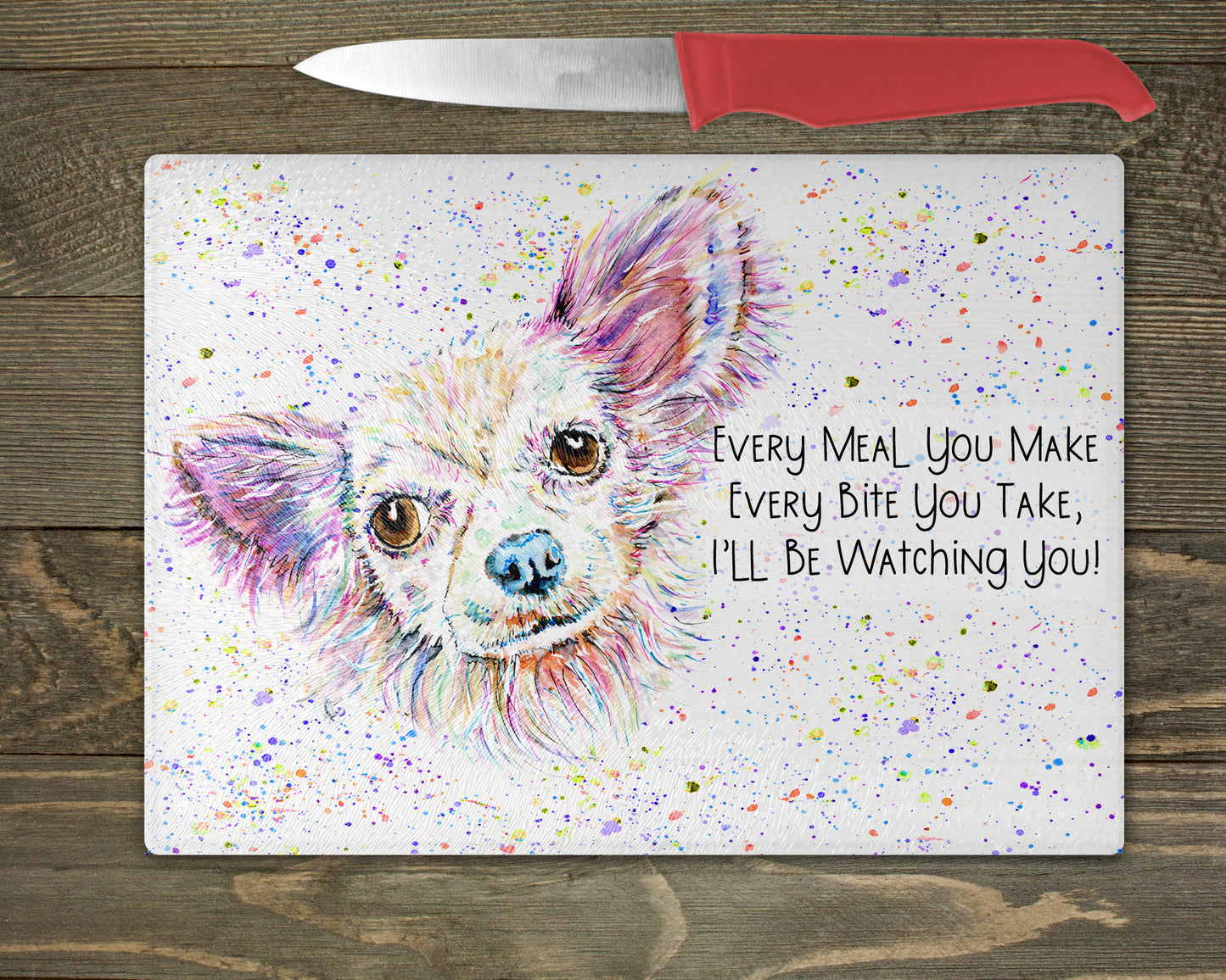 Chihuahua Watercolour Splash Glass Chopping Board - 5 Backgrounds To Choose From.