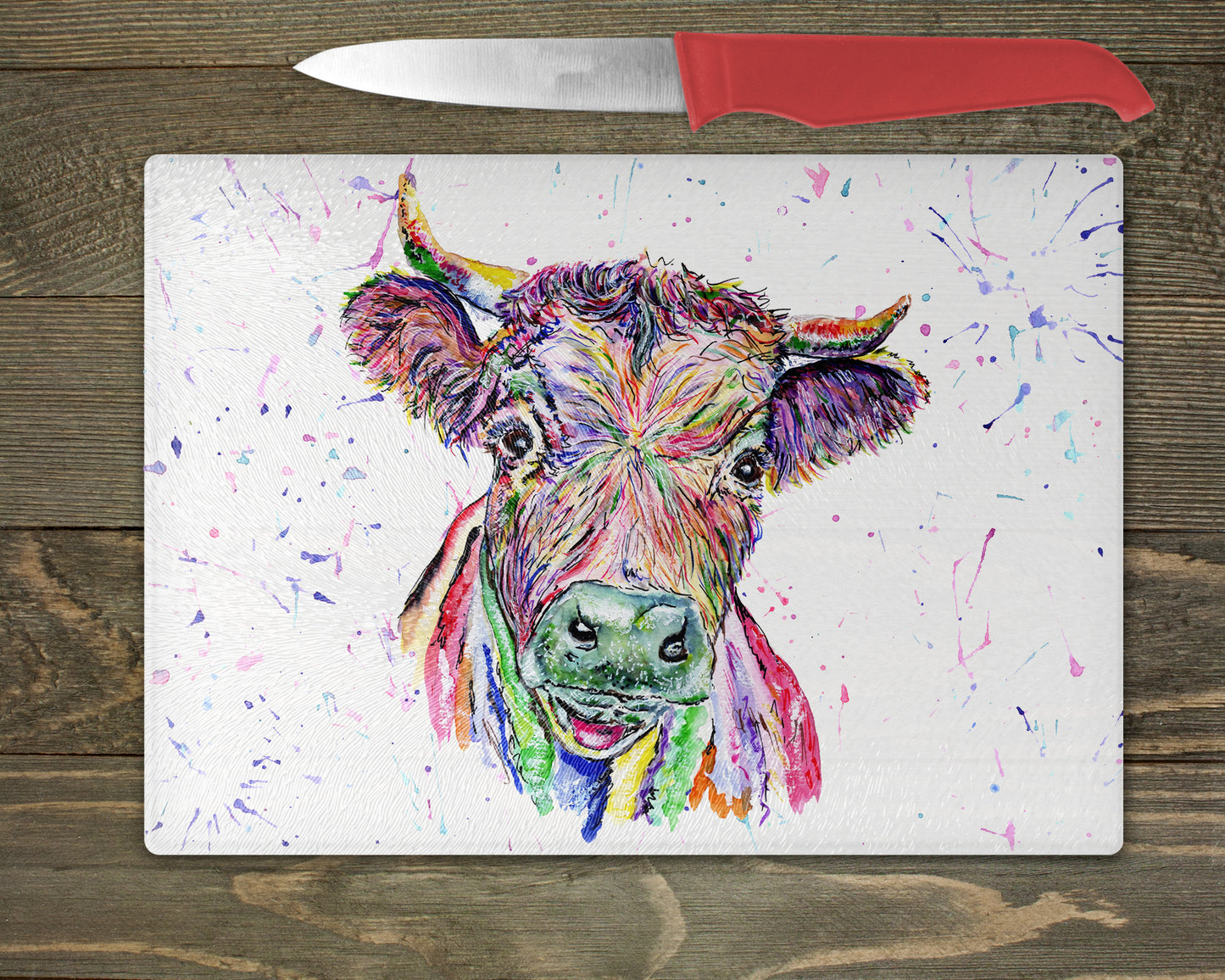 Dexter Cow Watercolour Splash Chopping Board - 5 Backgrounds To Choose From