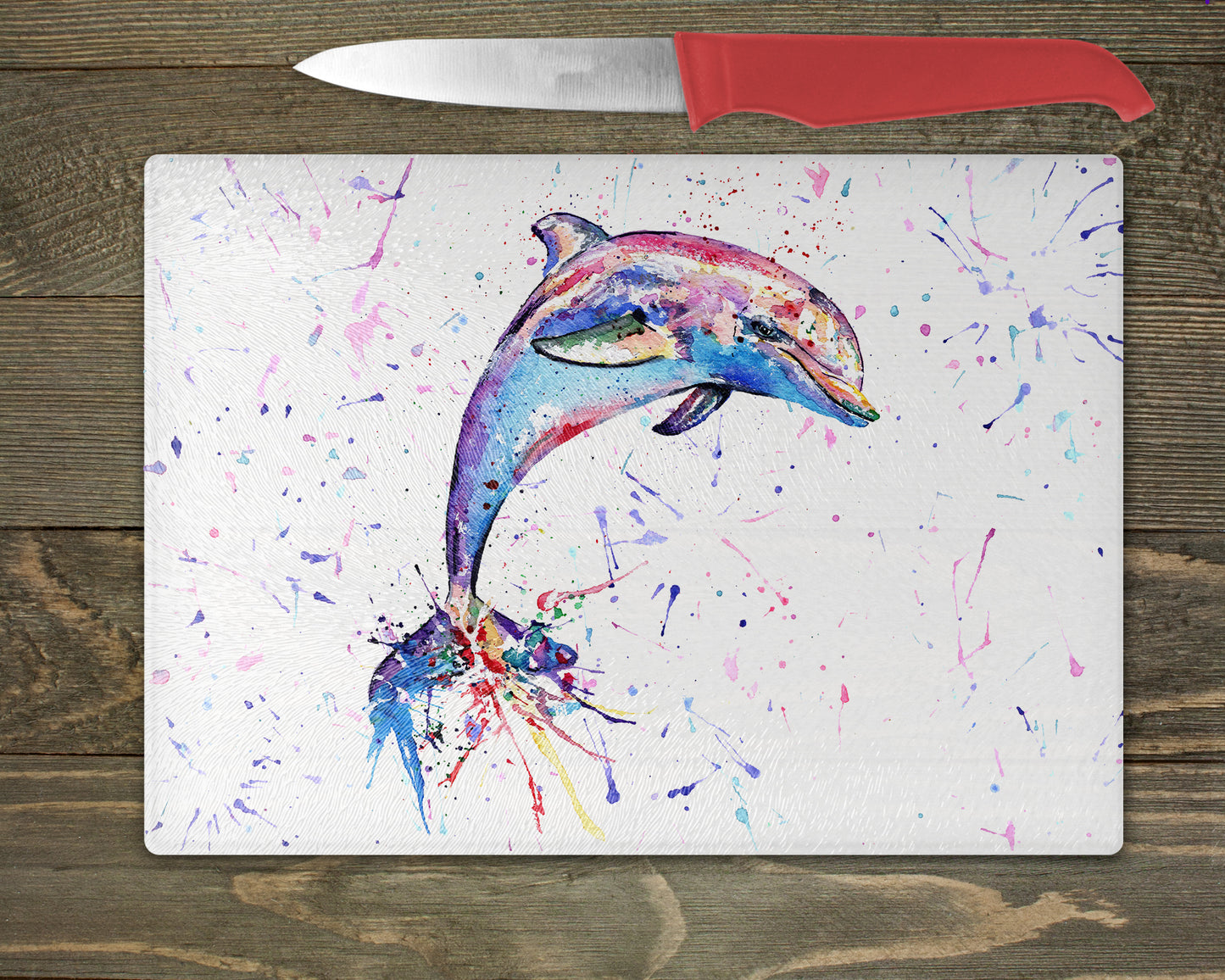 Dolphin Watercolour Splash Glass Chopping Board - 5 Backgrounds To Choose From