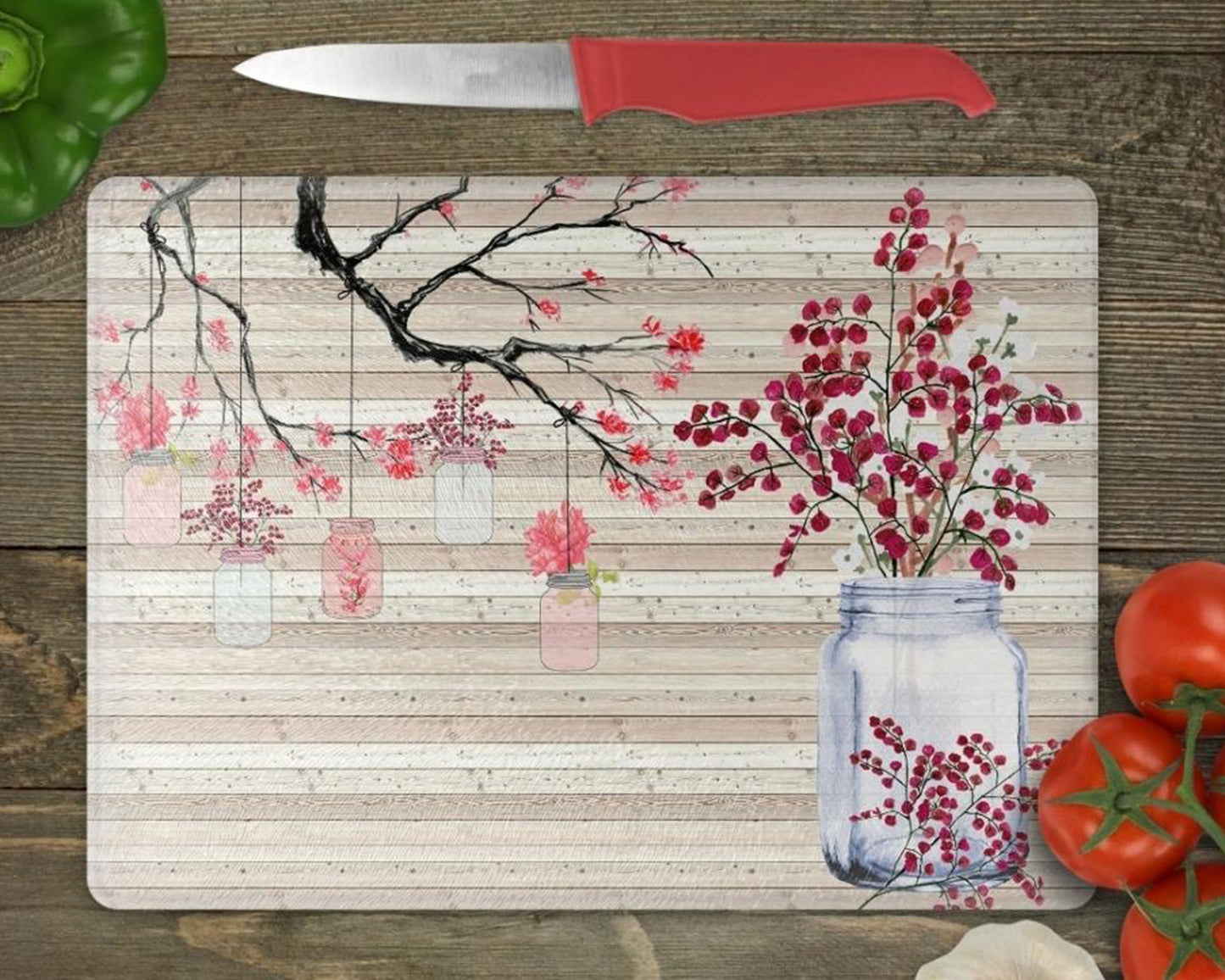 Cherry Blossom Mason Jars Glass Chopping Board