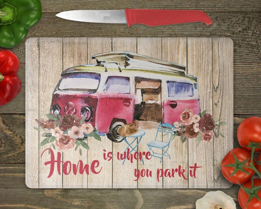 Home Is where You Park It Glass Chopping Board