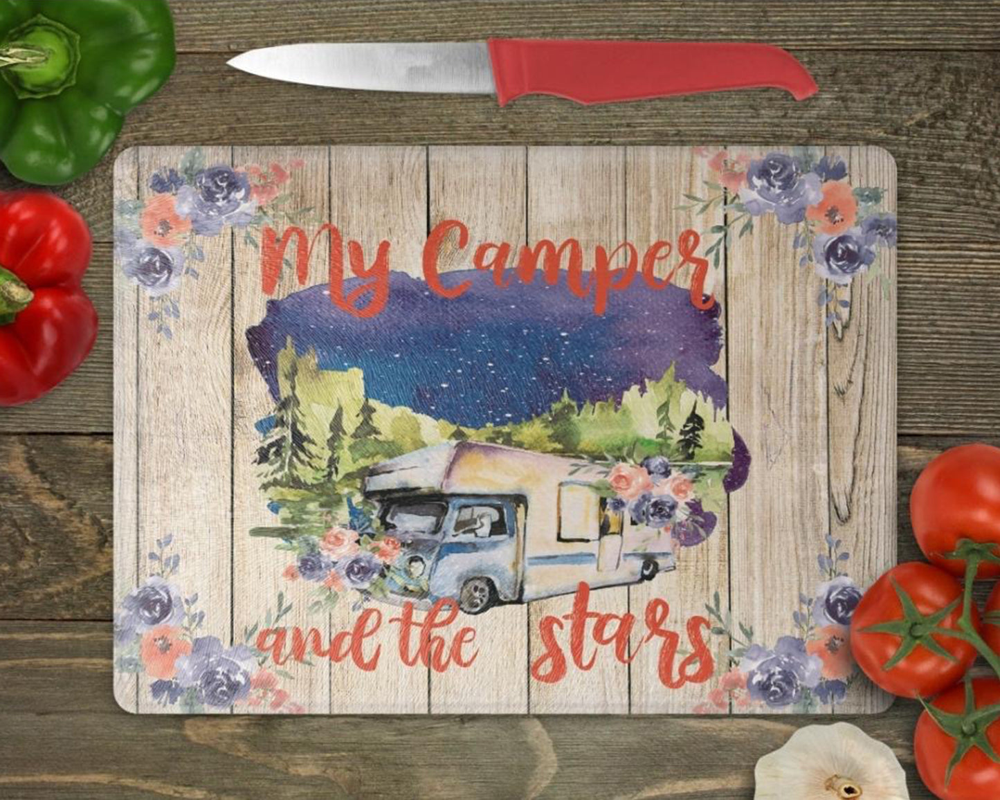 My Camper And The Stars Glass Chopping Board