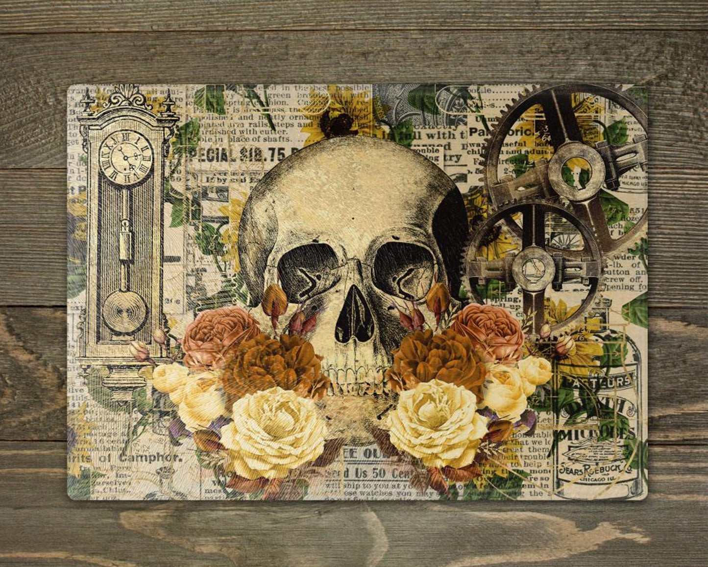 Steampunk Skull Yellow Gold Glass Chopping Board