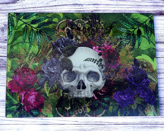 Steampunk Skull Green Floral Glass Chopping Board