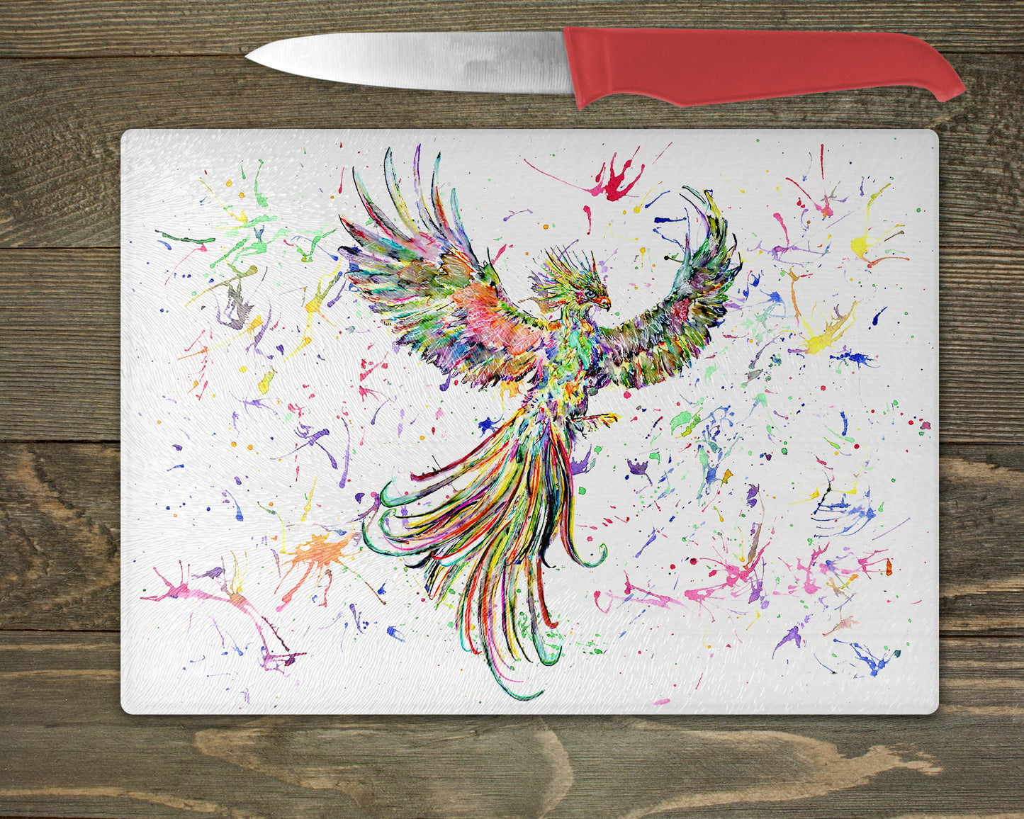 Phoenix Watercolour Splash Glass Chopping Board -5 Backgrounds To Choose From